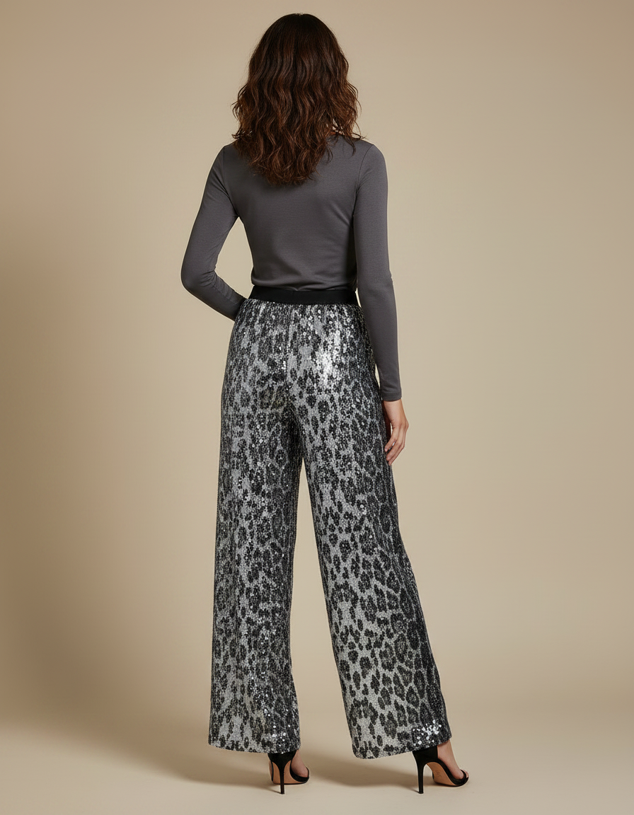 Pantalon Léopard Paillettes Évasé Brillant Femme - Argenté Polyester - vue 2