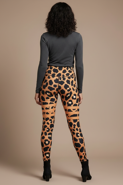 Pantalon Léopard Taille Haute Slim Fit Imprimé Marron - Polyester - vue 2