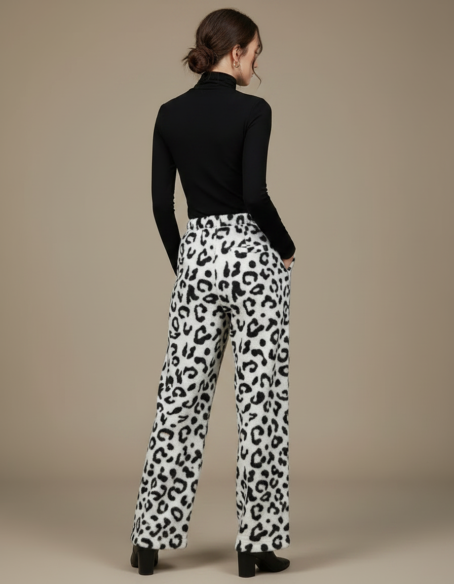 Pantalon Léopard Blanc Noir Ample Molletonné Femme - Imprimé - vue 2