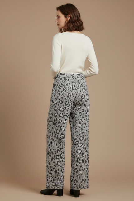 Pantalon Léopard Gris Ample Tricoté Décontracté Femme - Maille - vue 2