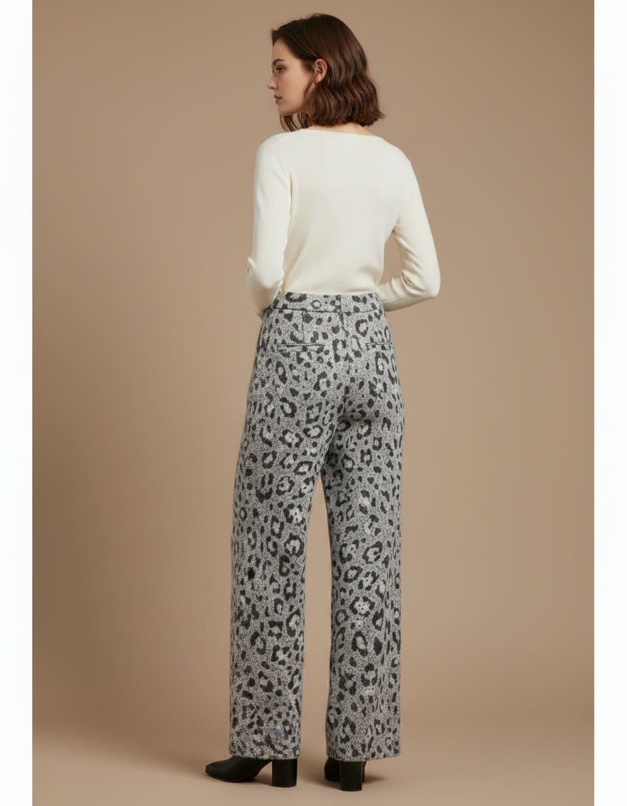 Pantalon Léopard Gris Ample Tricoté Décontracté Femme - Maille - vue 2