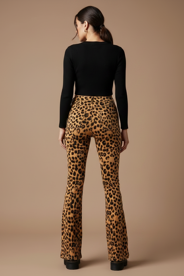 Pantalon Léopard Évasé Imprimé Taille Haute Femme - Maille - vue 2