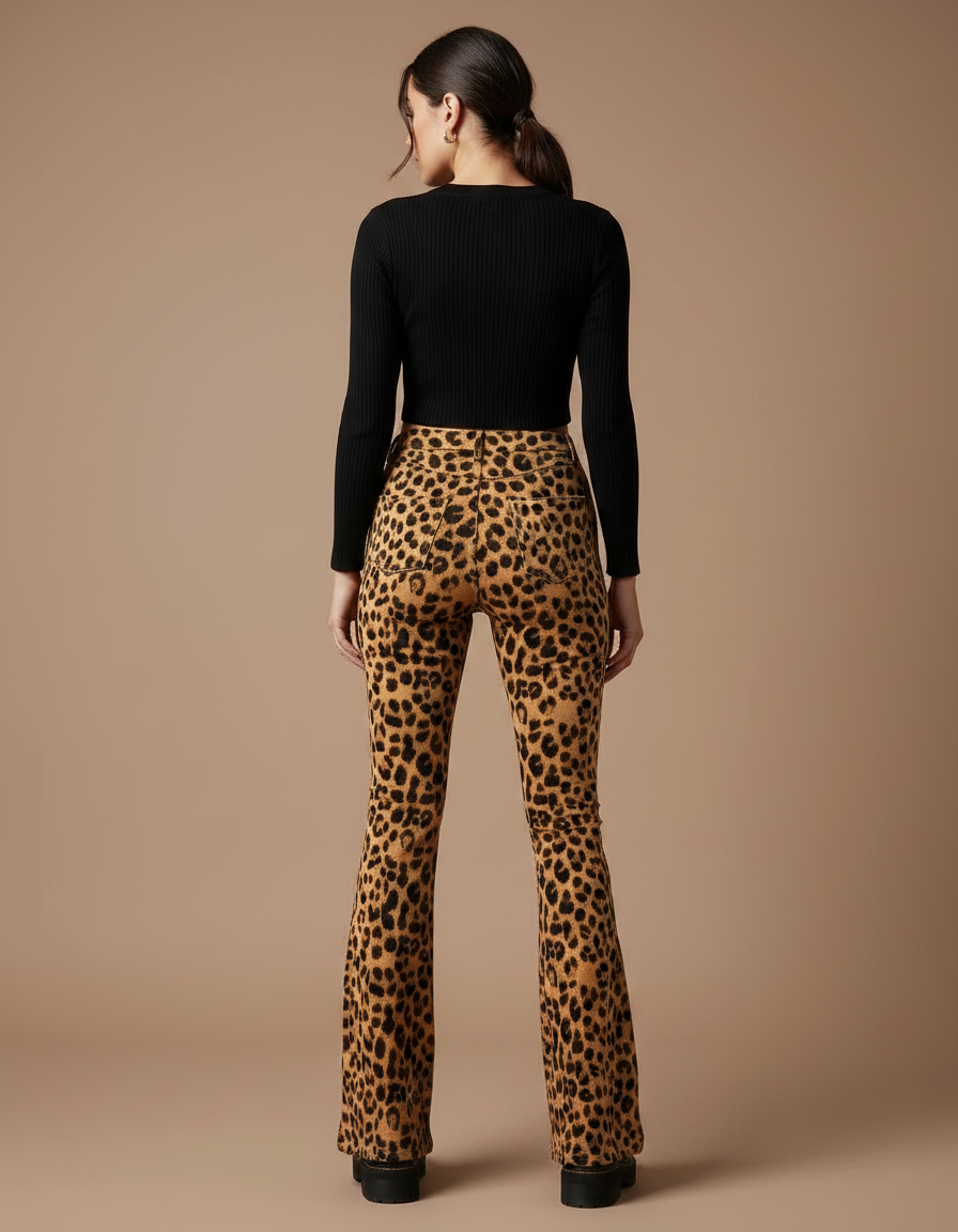Pantalon Léopard Évasé Imprimé Taille Haute Femme - Maille - vue 2