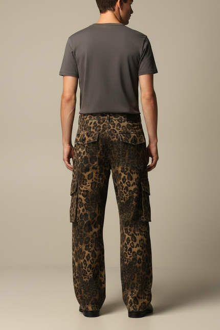 Pantalon Léopard Homme Cargo Imprimé Ample Marron - Toile - vue 2