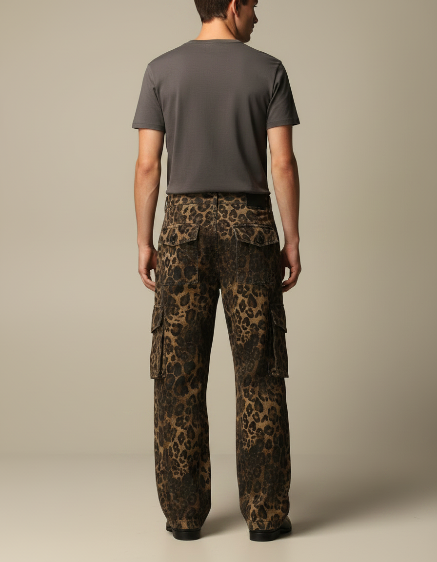 Pantalon Léopard Homme Cargo Imprimé Ample Marron - Toile - vue 2