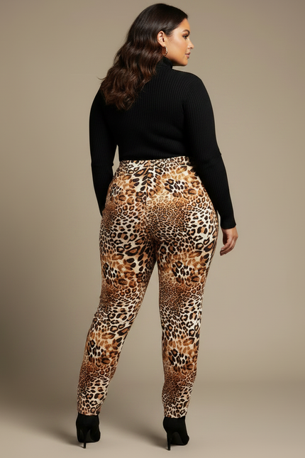 Pantalon Léopard Marron Imprimé Ajusté Stretch Chic - Maille - vue 2