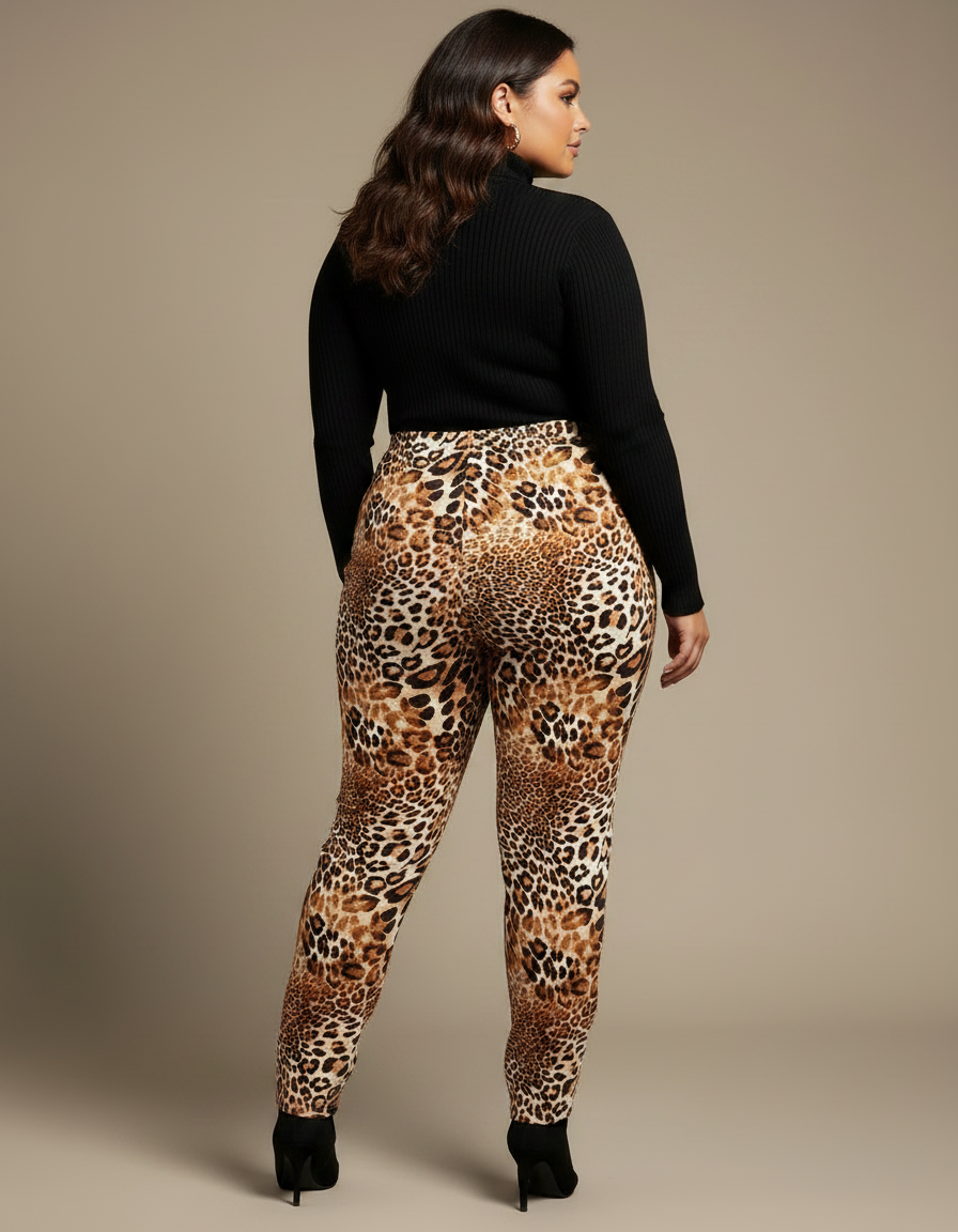 Pantalon Léopard Marron Imprimé Ajusté Stretch Chic - Maille - vue 2