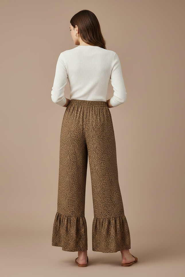 Pantalon Léopard Fluide Marron Plissé Ample Volants - Viscose - vue 2