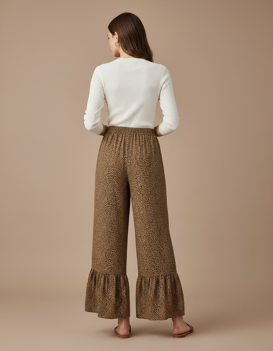 Pantalon Léopard Fluide Marron Plissé Ample Volants - Viscose - vue 2