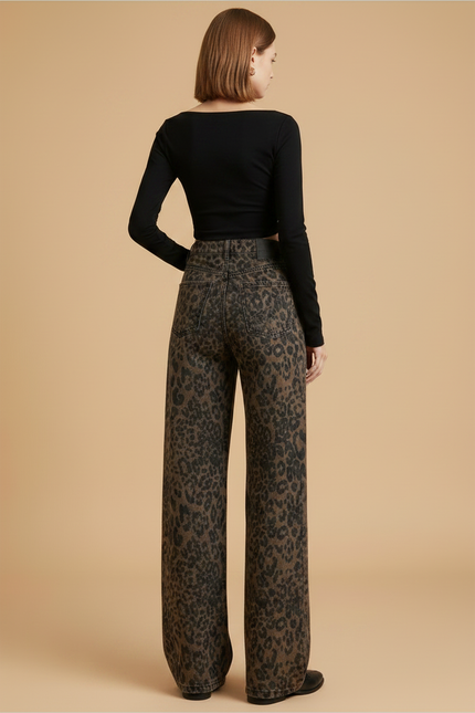 Pantalon Léopard Marron Imprimé Large Vintage Décontracté - Jean - vue 2