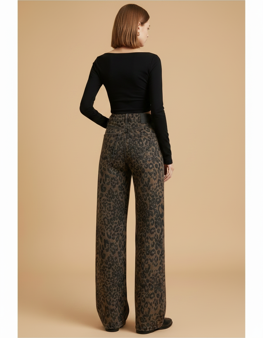 Pantalon Léopard Marron Imprimé Large Vintage Décontracté - Jean - vue 2