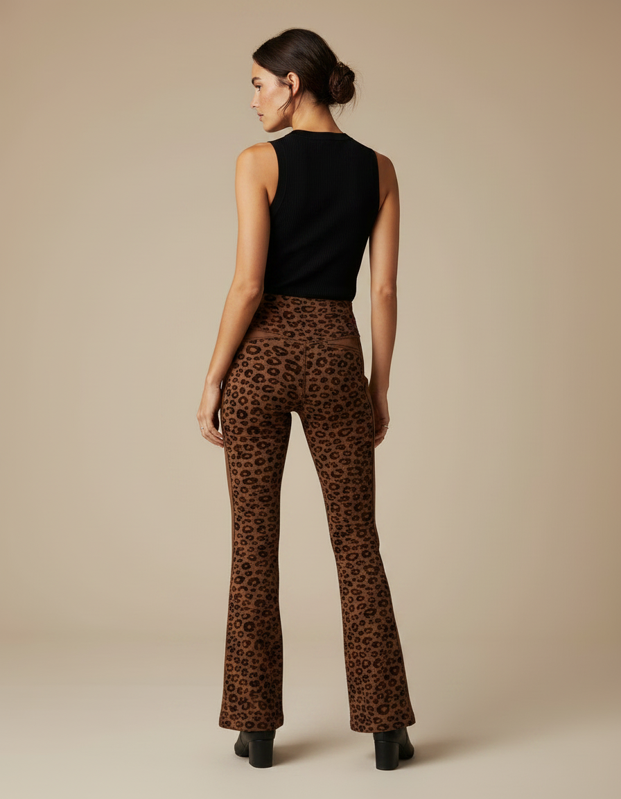 Pantalon Léopard Marron Évasé Imprimé Animal Confortable - Maille - vue 2