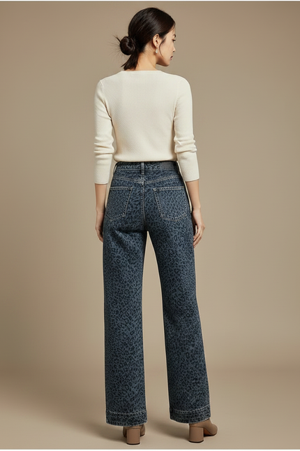 Pantalon Léopard Denim Ample Taille Haute Imprimé Femme - Jean - vue 2
