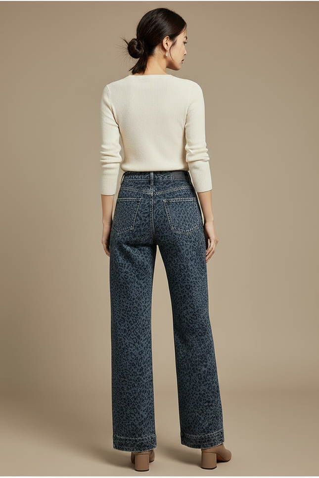 Pantalon Léopard Denim Ample Taille Haute Imprimé Femme - Jean - vue 2