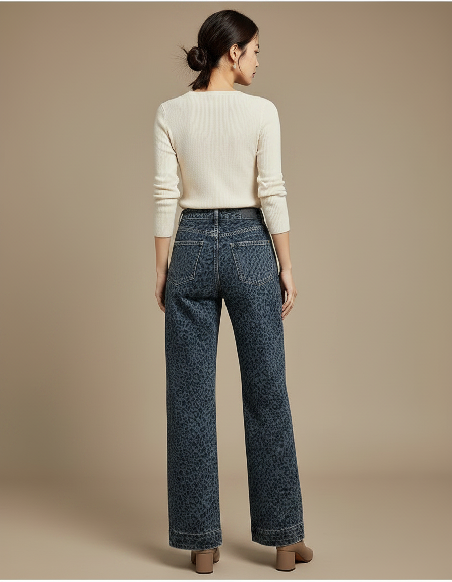 Pantalon Léopard Denim Ample Taille Haute Imprimé Femme - Jean - vue 2