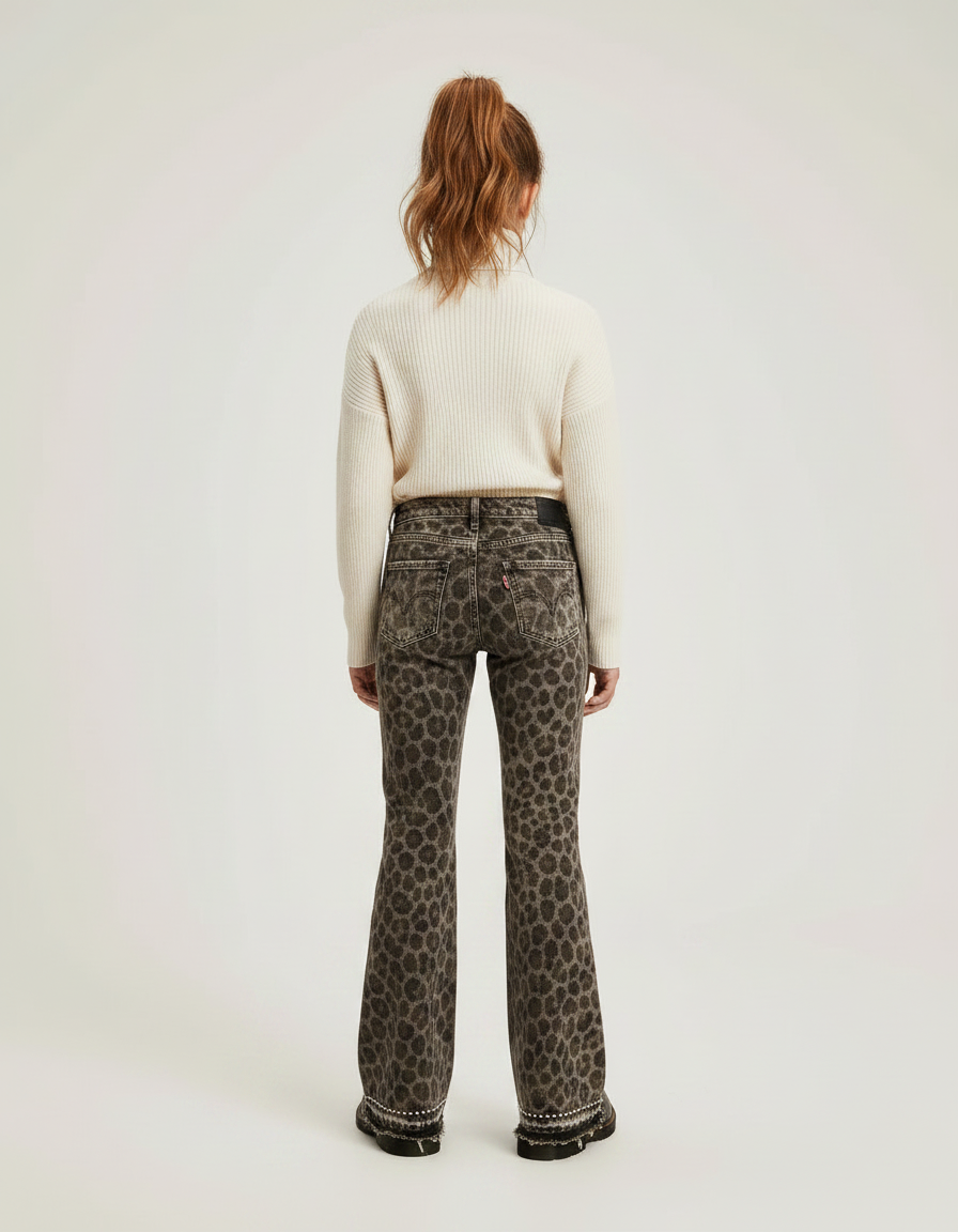 Pantalon Léopard Évasé Déchiré Clouté Marron Fille - Jean - vue 2
