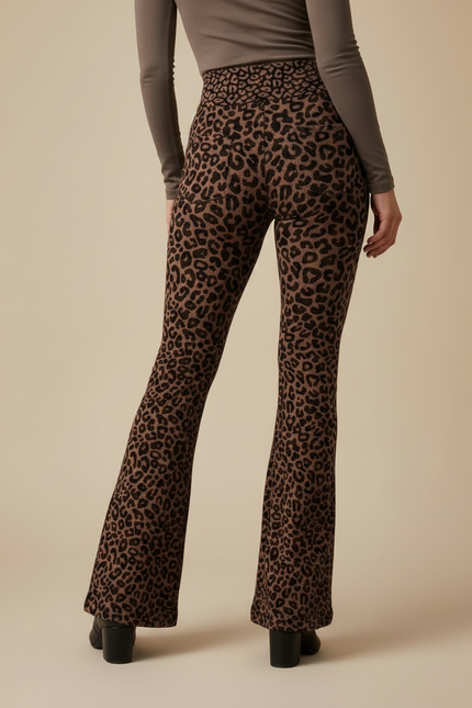 Pantalon Léopard Marron Moulant Évasé Confortable - Maille - vue 2