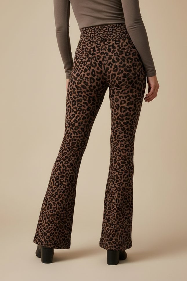Pantalon Léopard Marron Moulant Évasé Confortable - Maille - vue 2