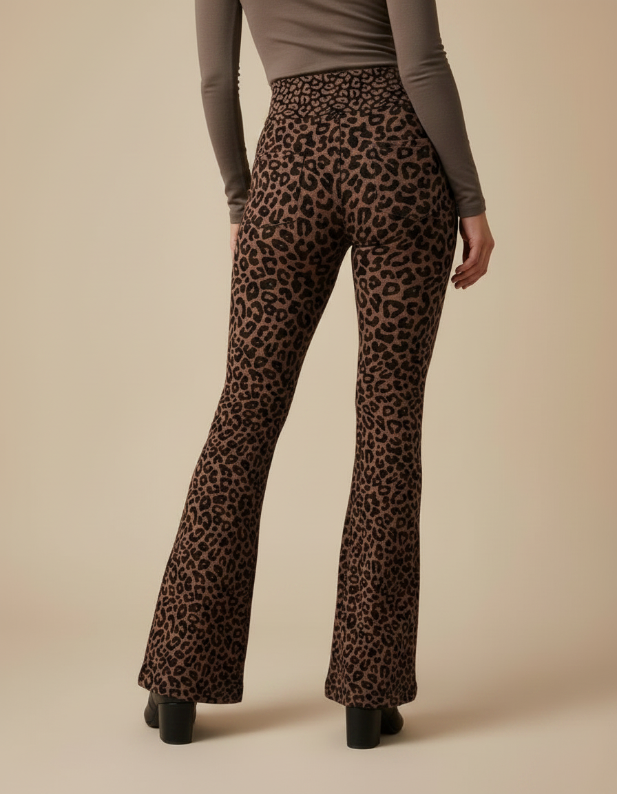 Pantalon Léopard Marron Moulant Évasé Confortable - Maille - vue 2