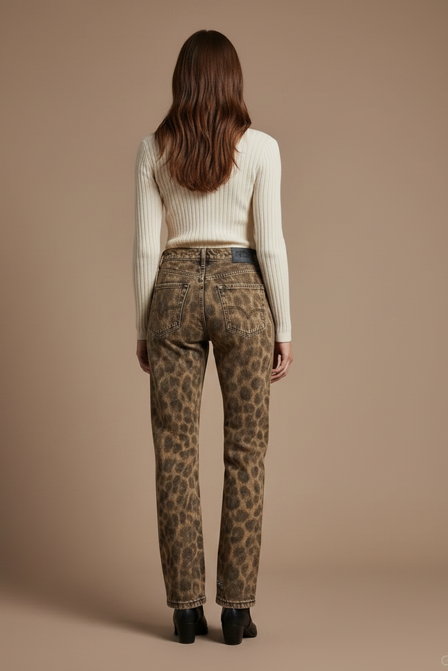 Pantalon Léopard Marron Brodé Patchwork Délavé Streetwear - Jean - vue 2