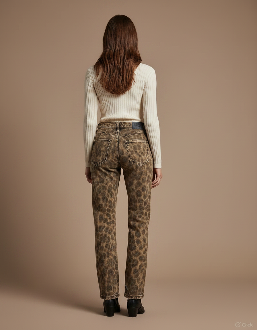 Pantalon Léopard Marron Brodé Patchwork Délavé Streetwear - Jean - vue 2