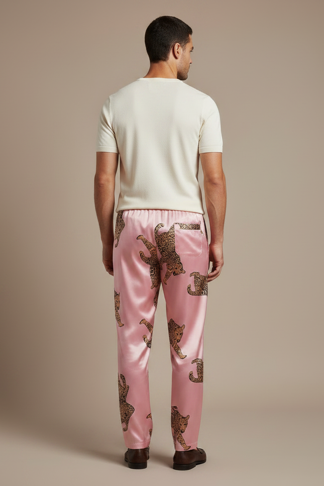 Pantalon Léopard Rose Satiné Fluide Homme Élégant - vue 2