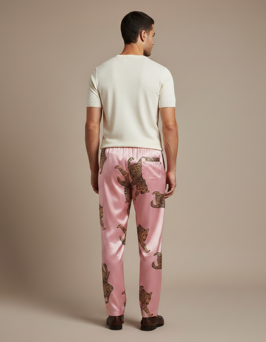 Pantalon Léopard Rose Satiné Fluide Homme Élégant - vue 2