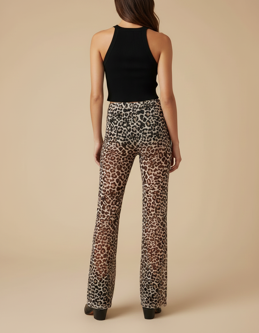 Pantalon Léopard Évasé Transparent Maille Imprimé Animal - vue 2