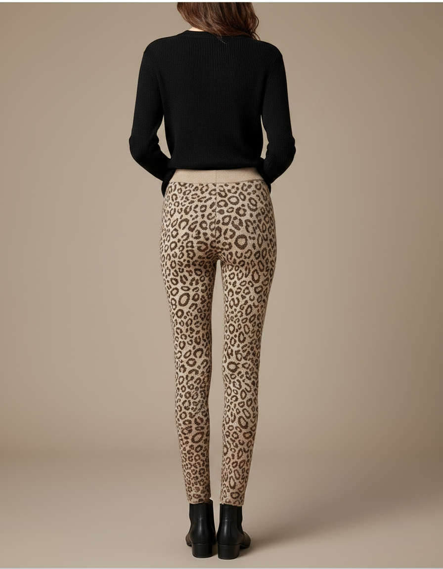Pantalon Léopard Beige Imprimé Slim Chaud Hiver - Maille - vue 2
