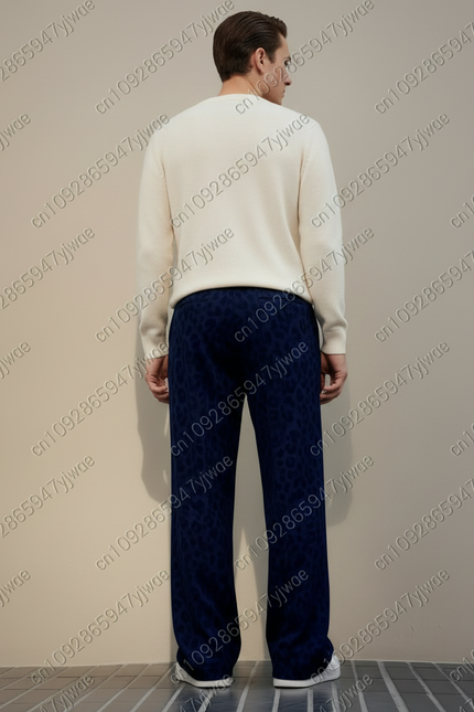 Pantalon Léopard Velours Bleu Marine Ample Décontracté - vue 2