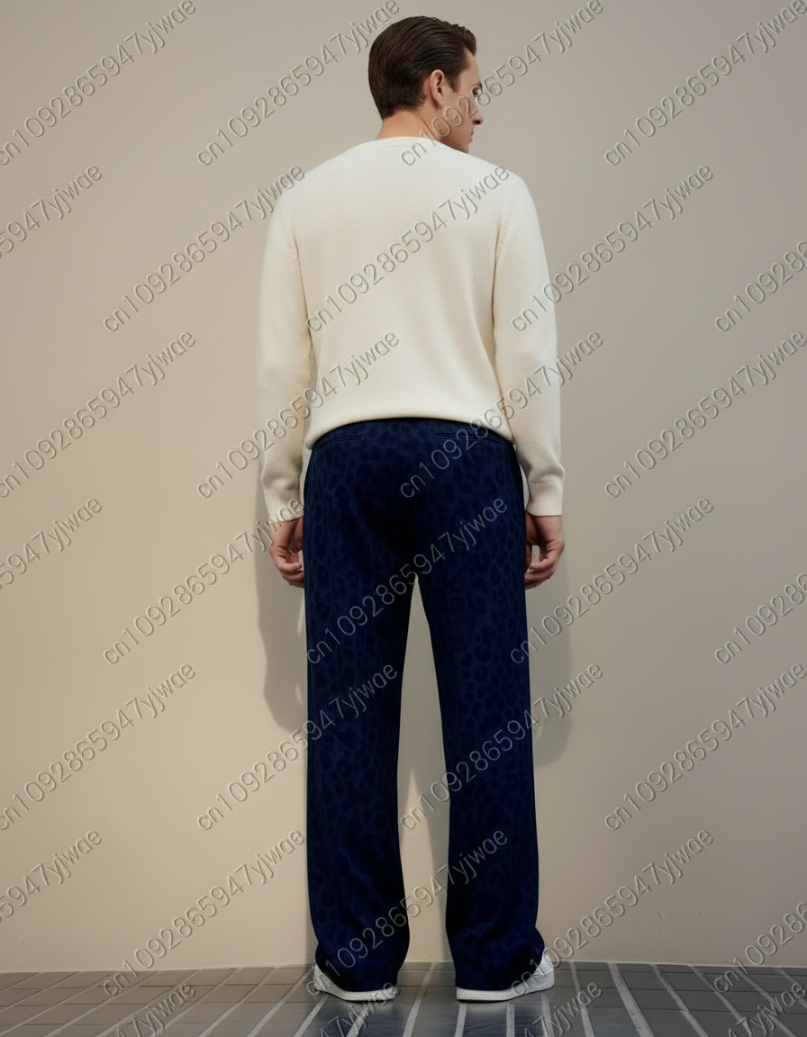Pantalon Léopard Velours Bleu Marine Ample Décontracté - vue 2