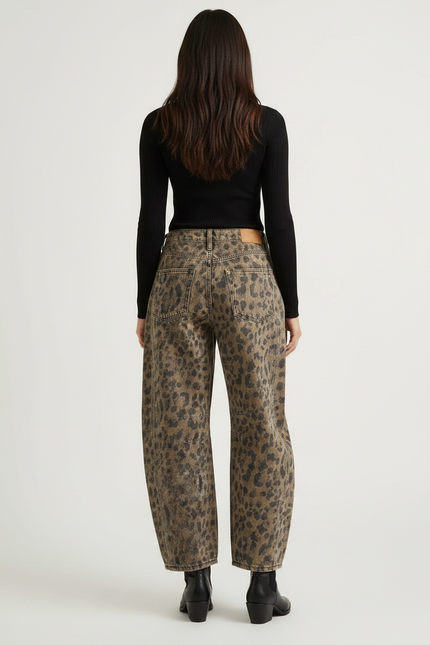 Pantalon Léopard Jean Ample Lavé Marron Vintage - vue 2