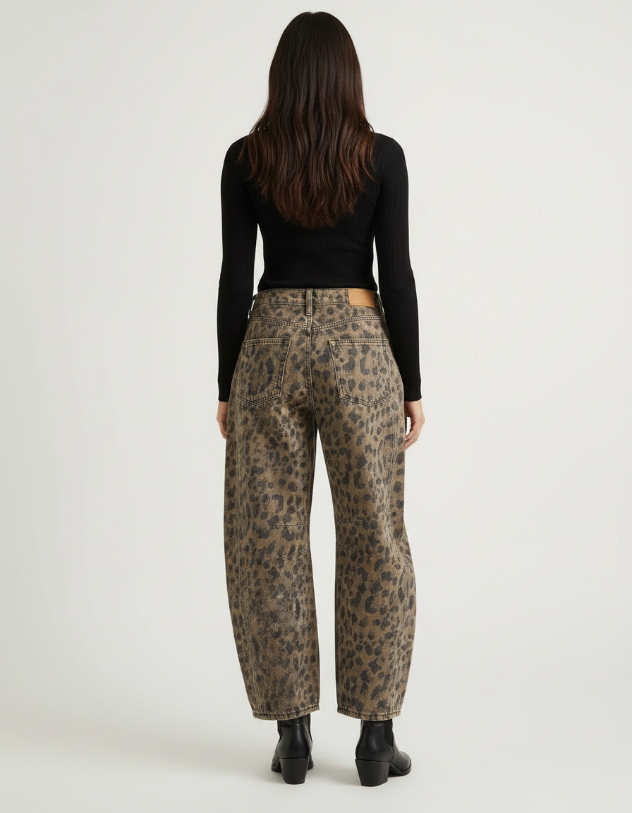 Pantalon Léopard Jean Ample Lavé Marron Vintage - vue 2