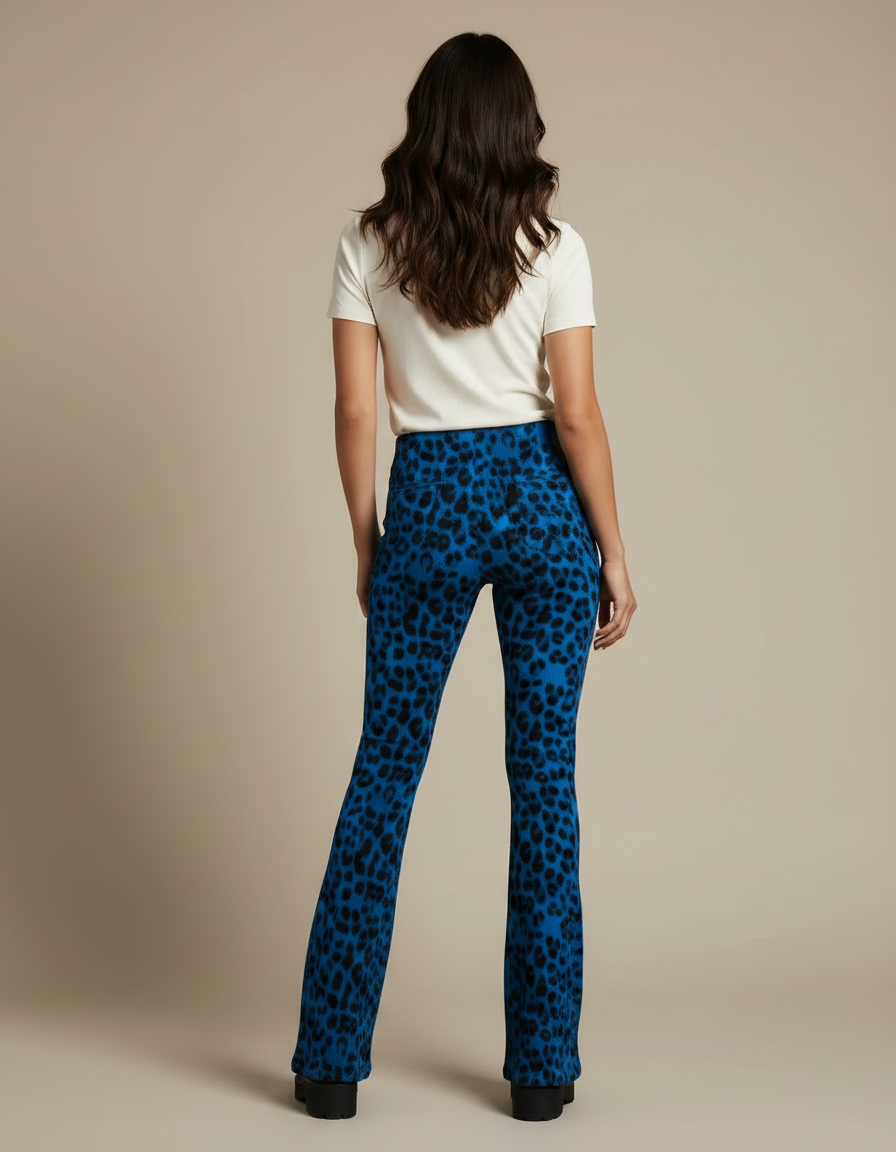 Pantalon Léopard Bleu Évasé Imprimé Animal Femme - Maille - vue 2