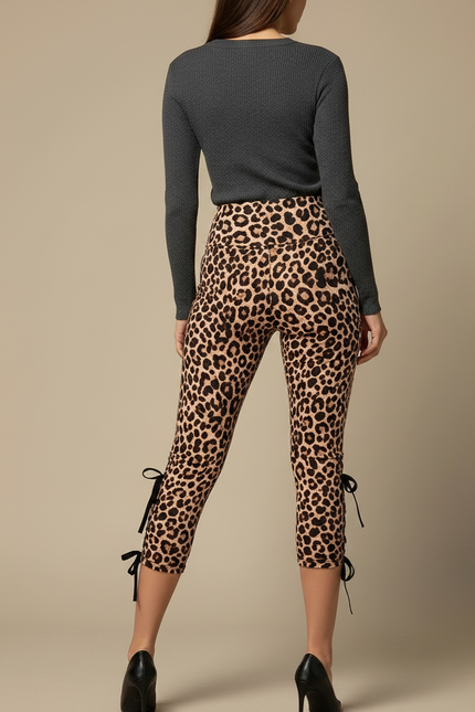 Pantalon Léopard Capri Imprimé Taille Haute Lacets Femme - Polyester - vue 2