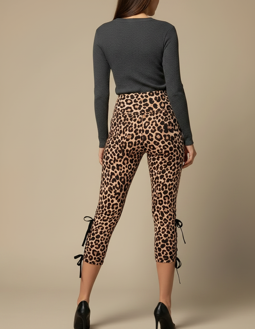 Pantalon Léopard Capri Imprimé Taille Haute Lacets Femme - Polyester - vue 2