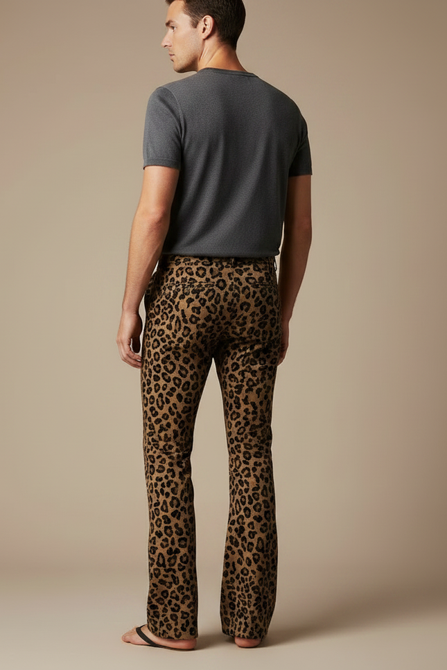 Pantalon Léopard Homme Marron Évasé Imprimé Animal Décontracté - Velours - vue 2