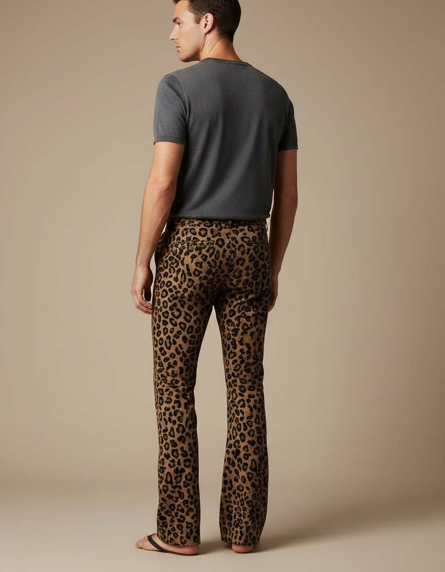 Pantalon Léopard Homme Marron Évasé Imprimé Animal Décontracté - Velours - vue 2