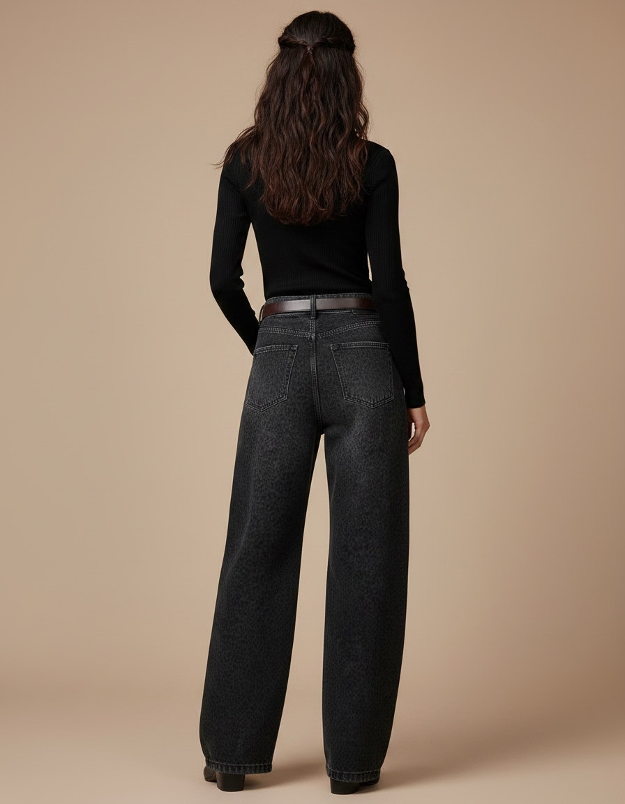 Pantalon Léopard Noir Ample Imprimé Denim Femme - Jean - vue 2
