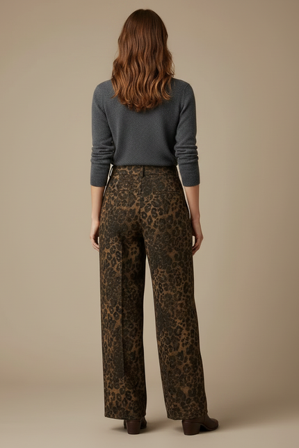 Pantalon Léopard Marron Ample Taille Haute Fluide - Imprimé Laine - vue 2