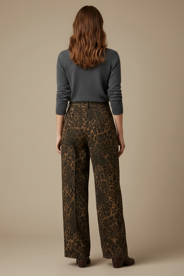 Pantalon Léopard Marron Ample Taille Haute Fluide - Imprimé Laine - vue 2