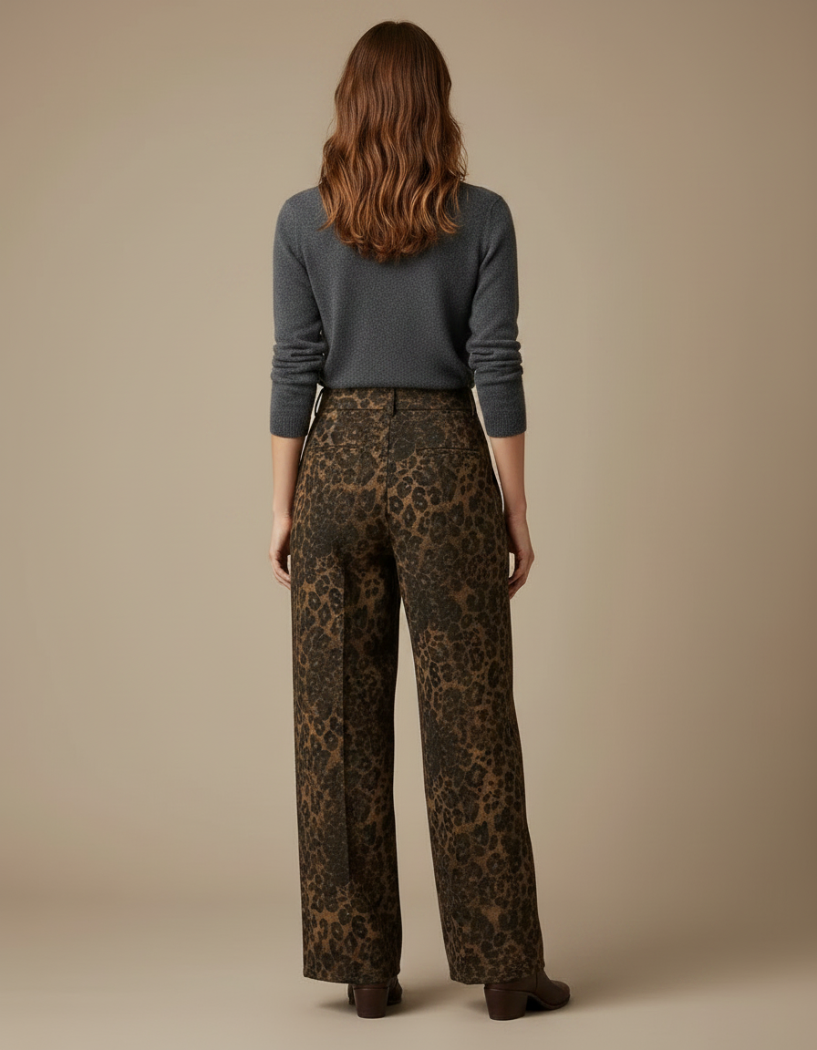 Pantalon Léopard Marron Ample Taille Haute Fluide - Imprimé Laine - vue 2