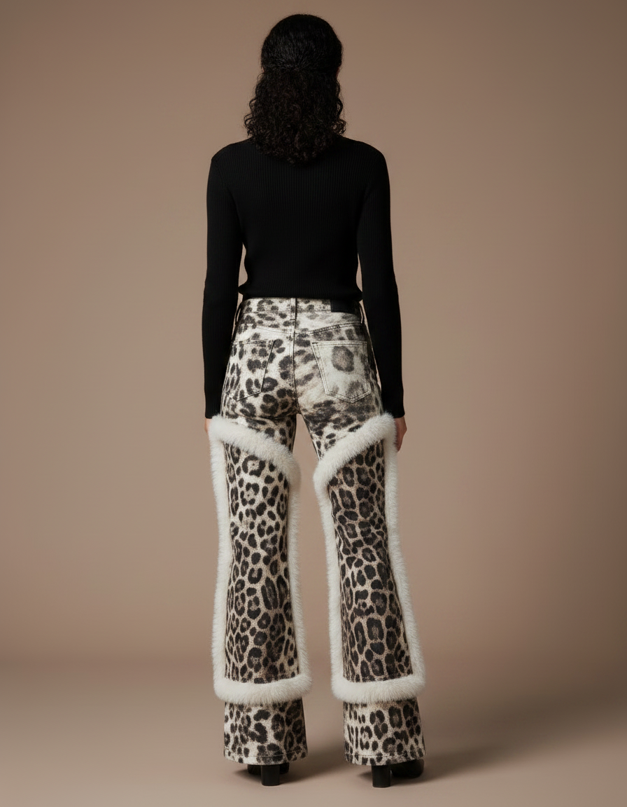 Pantalon Léopard Délavé Fourrure Large Femme - Imprimé Jean - vue 2