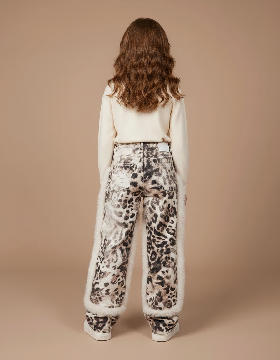 Pantalon Léopard Imprimé Fourrure Clouté Ample Blanc - Velours - vue 2
