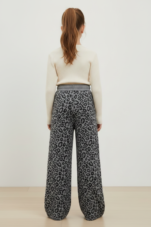 Pantalon Léopard Gris Tricoté Large Doux Confortable - Maille - vue 2