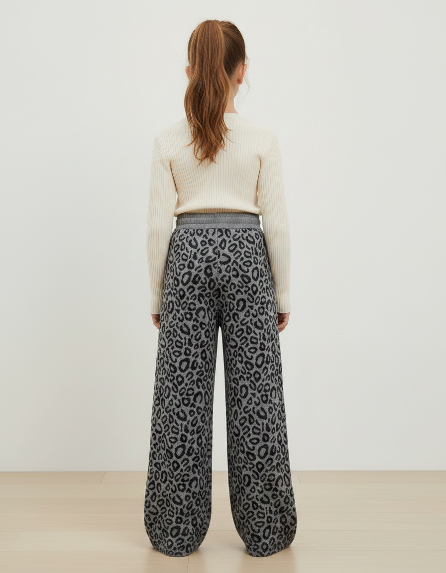 Pantalon Léopard Gris Tricoté Large Doux Confortable - Maille - vue 2