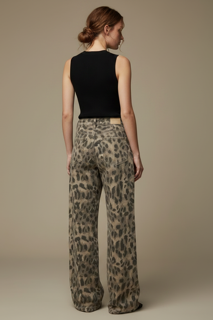 Pantalon Léopard Jean Ample Imprimé Lavé Vintage Streetwear - vue 2