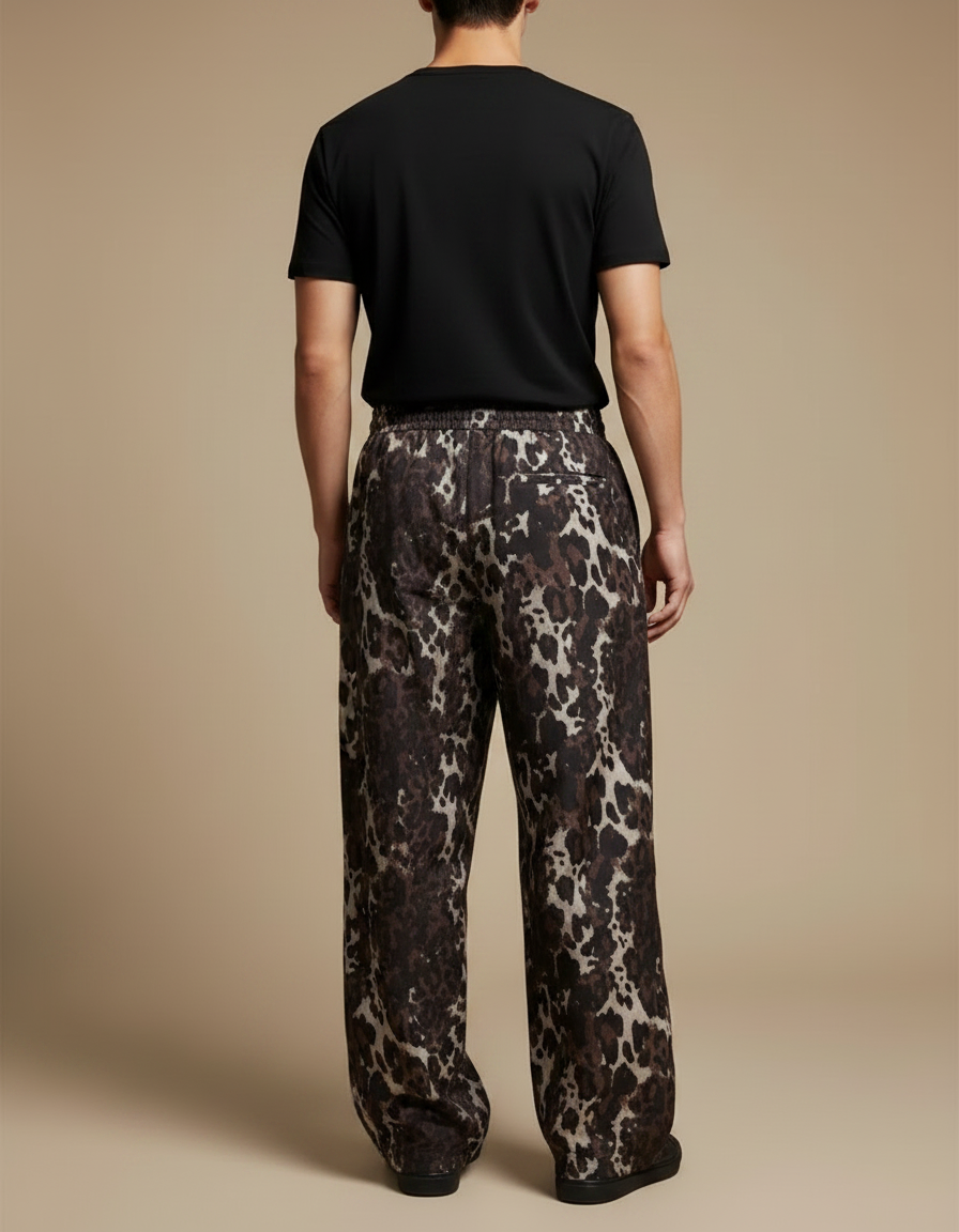 Pantalon Léopard Marron Imprimé Ample Décontracté Homme - Viscose - vue 2