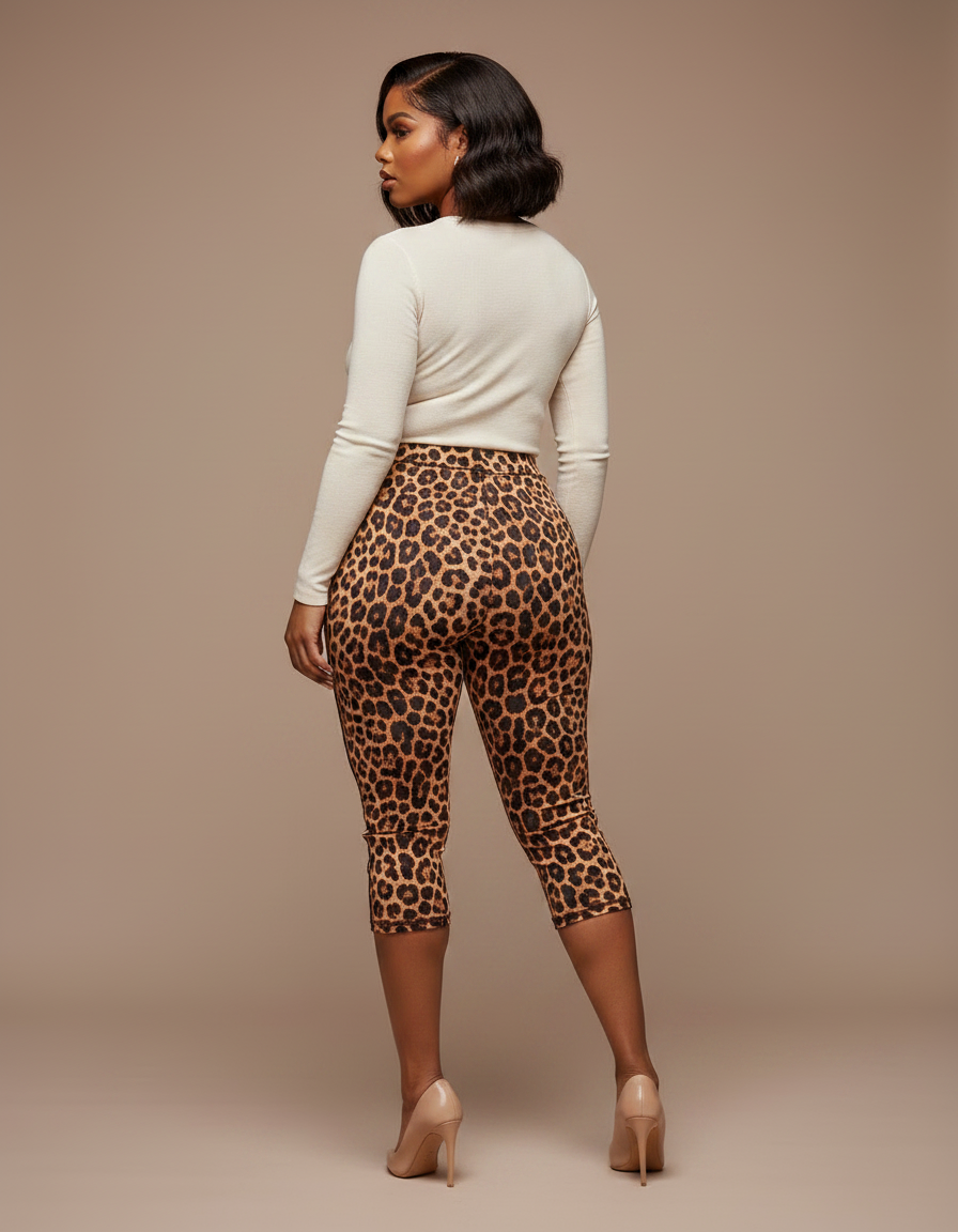 Pantalon Léopard Marron Imprimé Capris Ajusté Femme - Maille - vue 2