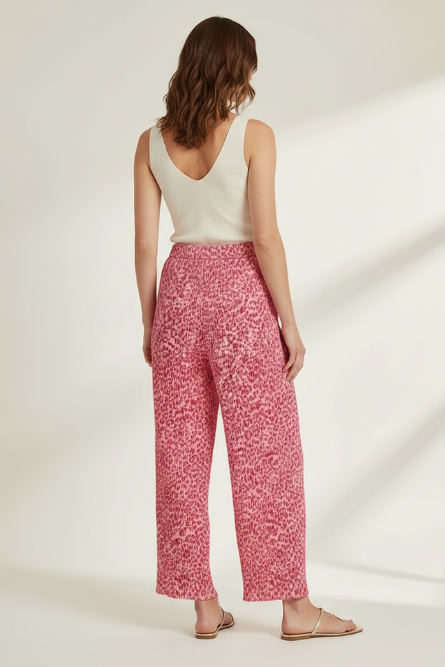 Pantalon Léopard Rose Plissé Fluide Taille Haute - Viscose - vue 2